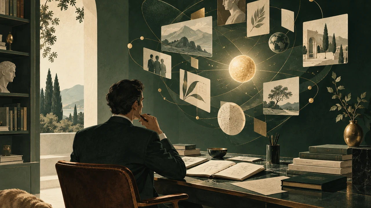Ein gedanklicher Orbit in einem grünen Studierzimmer verbindet Erkenntnisse, Daten und kontrollierte KI-Anwendung.