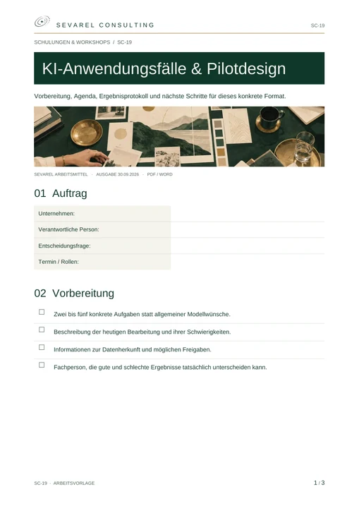 Titelseite: KI-Anwendungsfälle & Pilotdesign · Arbeitsblatt